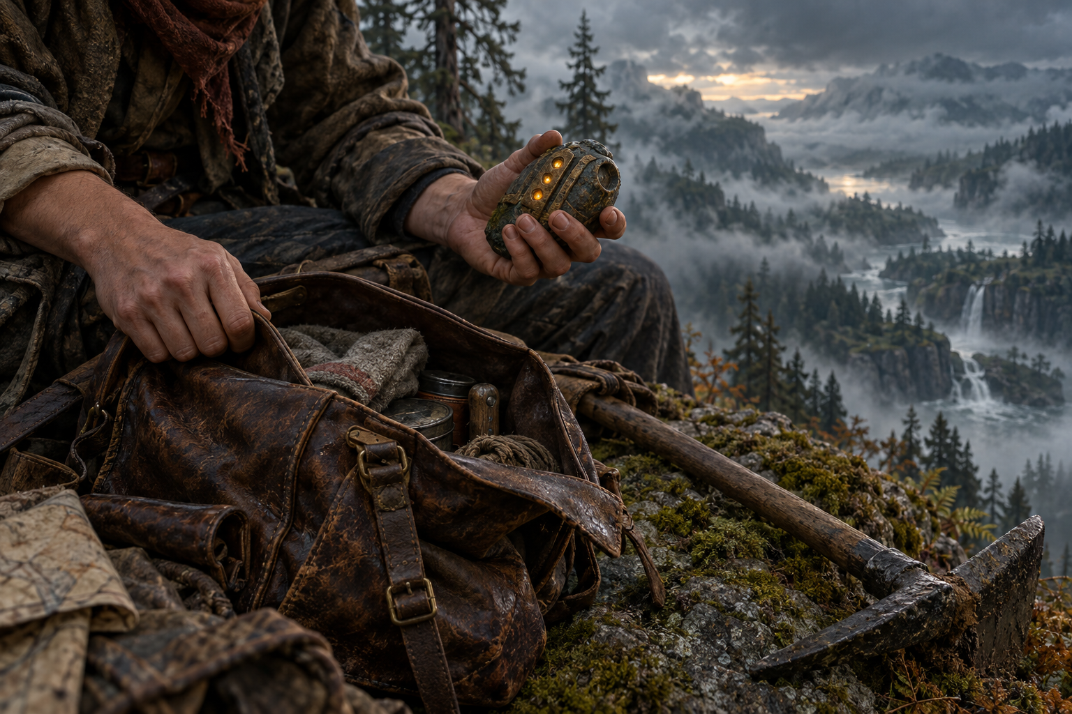 A traveler holds a weathered object with three amber lights beside an open leather satchel and a digging tool, overlooking a misty forest valley.